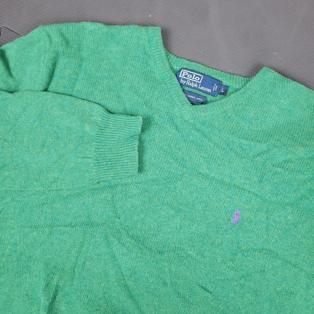 Polo Ralph Lauren 100% Lambs Wool V Neck Sweater Mens Large Green Pony Logo